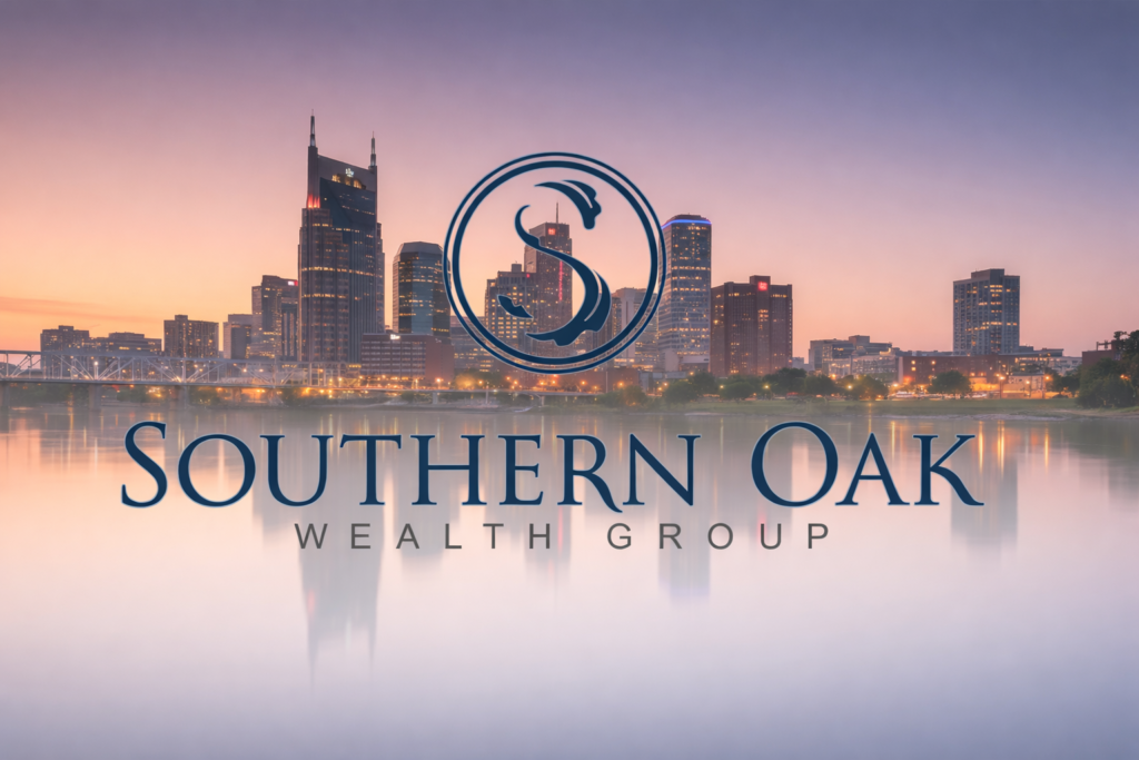 ChatGPT Image Feb 18, 2026, 04_13_53 PM Nashville skyline at dusk with the Southern Oak Wealth Group logo