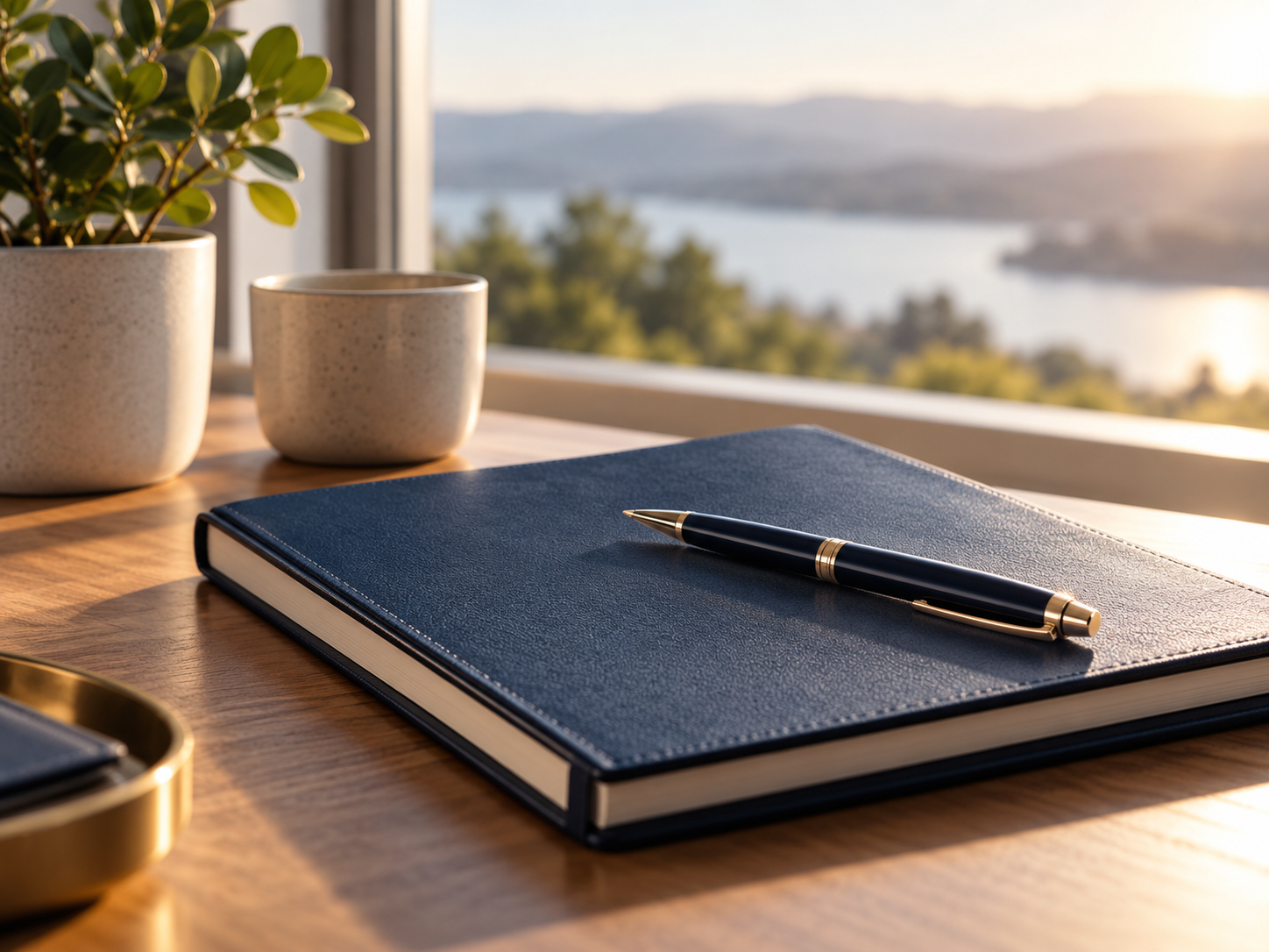 Goal Definition Goal Definition: leather notebook and pen on a desk overlooking a lake