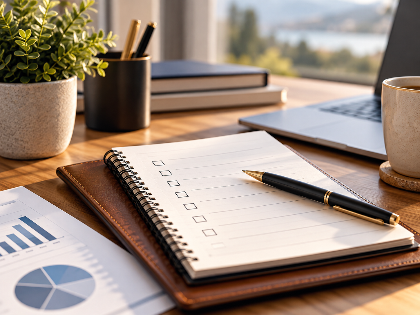 Implementation Implementation and Coordination: planning notebook, pen, and financial charts on a desk