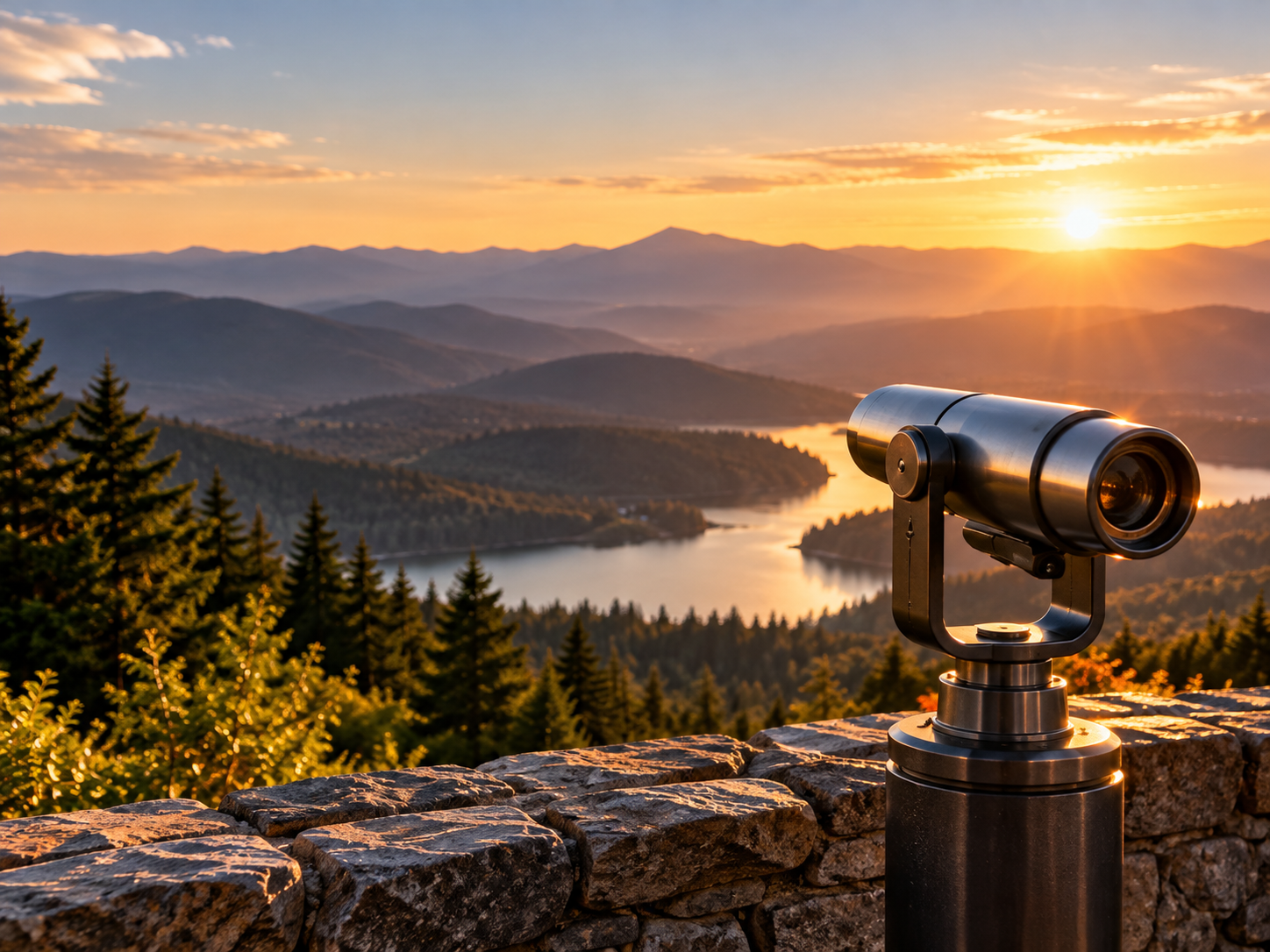 Wealth vision Wealth Vision: telescope overlooking a mountain valley at sunrise